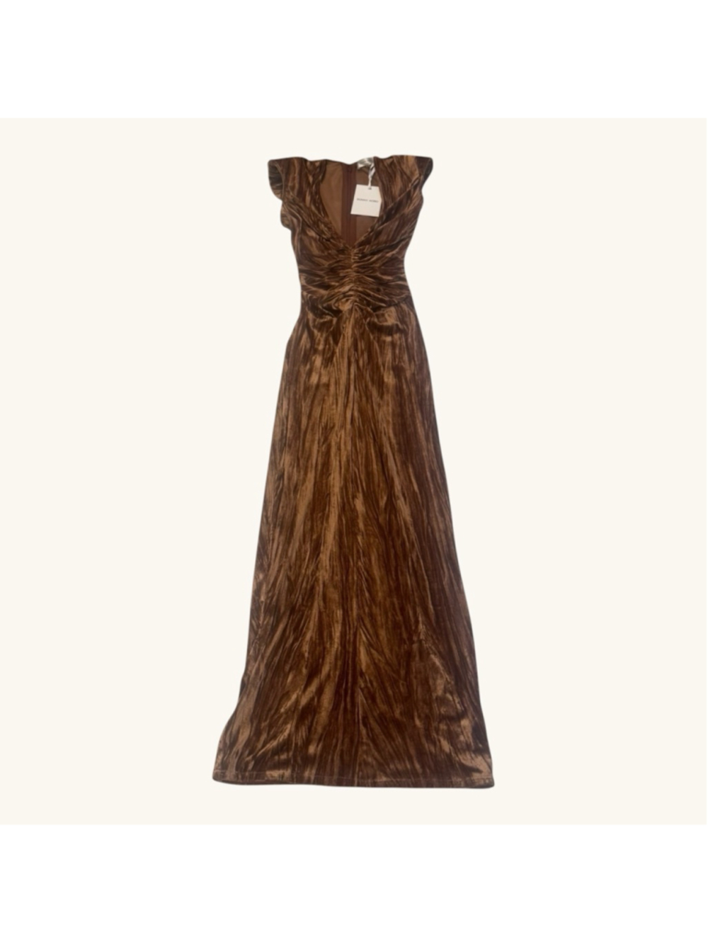 Ronny Kobo Hayley Plunge Neck Ruched Maxi Dress Caramel Velvet XS - Picture 3 of 7